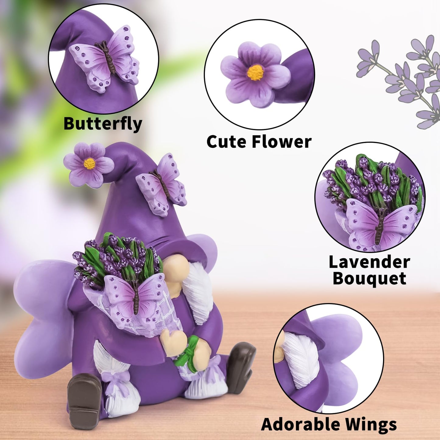 KnomeKo Lavender Gnome Spring Summer Decor, Fairy Garden Gnome with Butterfly & Lavender Bouquet, Purple Gifts for Women Yard Porch Flower Bed Decor