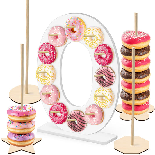 soleim 5 Pcs Donut Stand Set, Doughnut Party Supplies Include 1 Pc Digit Donut Wall Display Stand, 4 Pcs Doughnut Wall, for Birthday Wedding Baby Shower Party (White number 0)