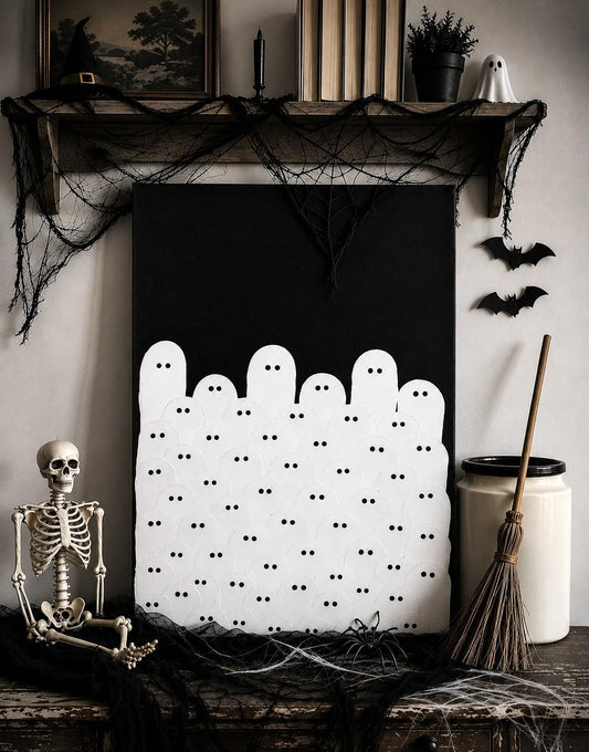 Kindlivery Halloween Decor Ghost Wall Art Hand Painted Canvas Painting, Unframed Spooky Ghost Artwork for Wall or Tabletop Display, Halloween Decorations Indoor for Home Mantel Shelf