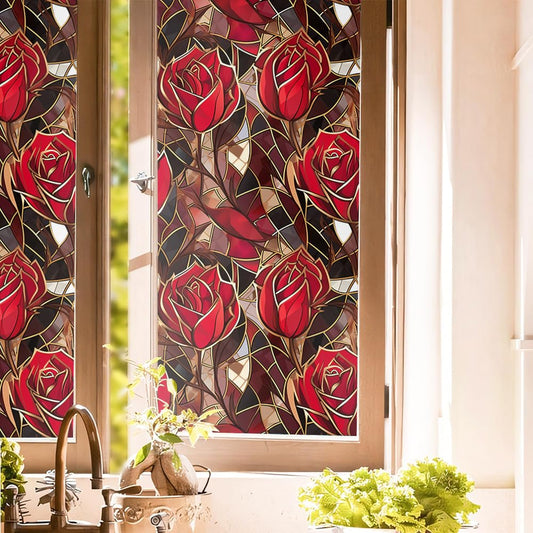 Modern Gold Red Rose Flowers Stained Glass Window Films Decorative Double-Side Privacy Film Self-Adhesive Static Clings for Living Room Bathroom Glass Windows Decor
