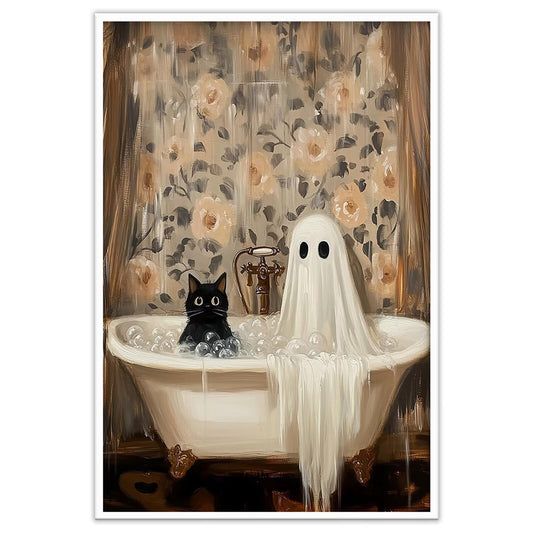 Black Cat Ghost Bathtub Wall Art Cute Halloween Canvas Prints Charming Vintage Floral Poster Painting Whimsical Ghost Aesthetic Picture Decor for Bathroom Living Room Bedroom 12x16inch Unframed