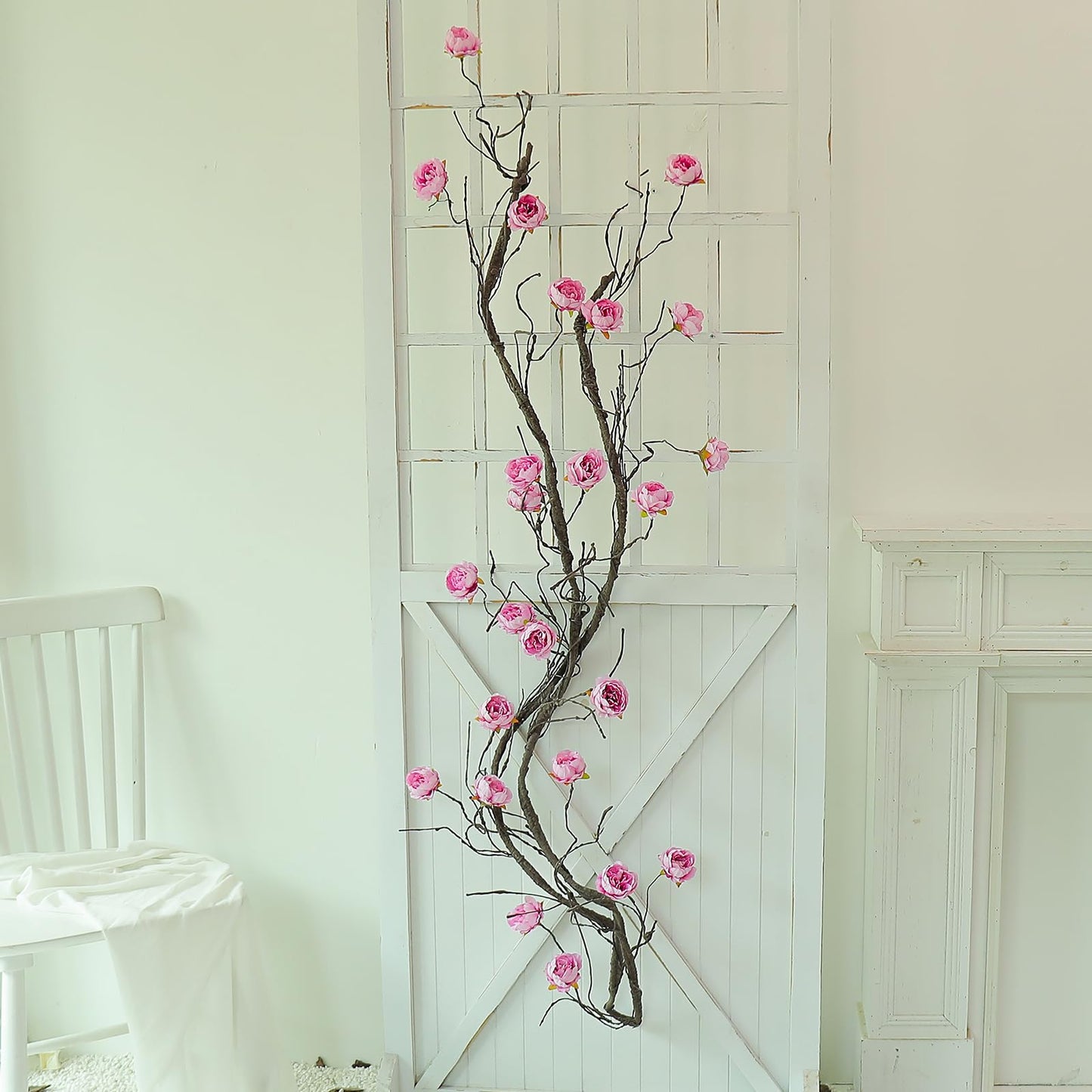 1PCS 300cm/118inch Large Flexible Artificial Tree Fall Vines Twine Wood Branches with Peony Flowers Garland Twig Reptile Climbing Fake Plants for Wedding Arch Christmas Wall Door Hanging Decoration