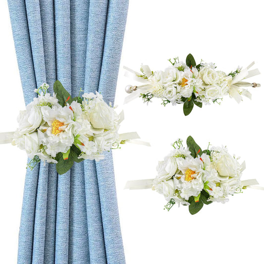 PERIZIA 2Pcs Flower Curtain Tiebacks,Artificial Floral Curtain Holdbacks for Window Tie Backs Decorative Rope Buckle,for Home Office Decor (White)