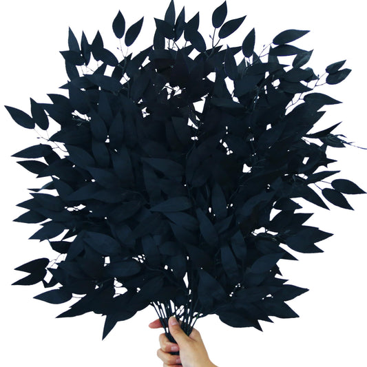GREENTIME 6 Pack Artificial Black Italian Ruscus Stems 23.5'' Faux Halloween Leaf Bouquet for Vase Fireplace Table Centerpiece Decor