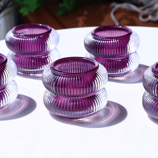 Woho Ribbed Votive Candle Holders Set of 6 for Wedding Decor, Vintage Tealight Candle Holder for Halloween/Thanksgiving, Glass Tea Lights Candle Holder for Dinner Table (Purple, 2.1" H X 2.75" D)