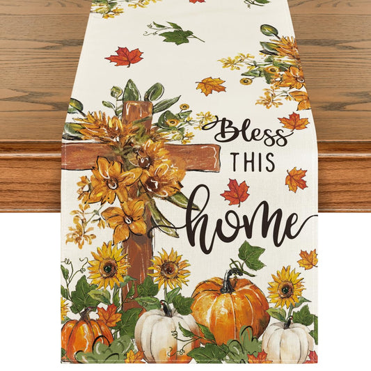 Artoid Mode Cross Pumpkins Fall Table Runner, Bless This Home Seasonal Autumn Kitchen Dining Table Decoration for Home Party Decor 13x120 Inch