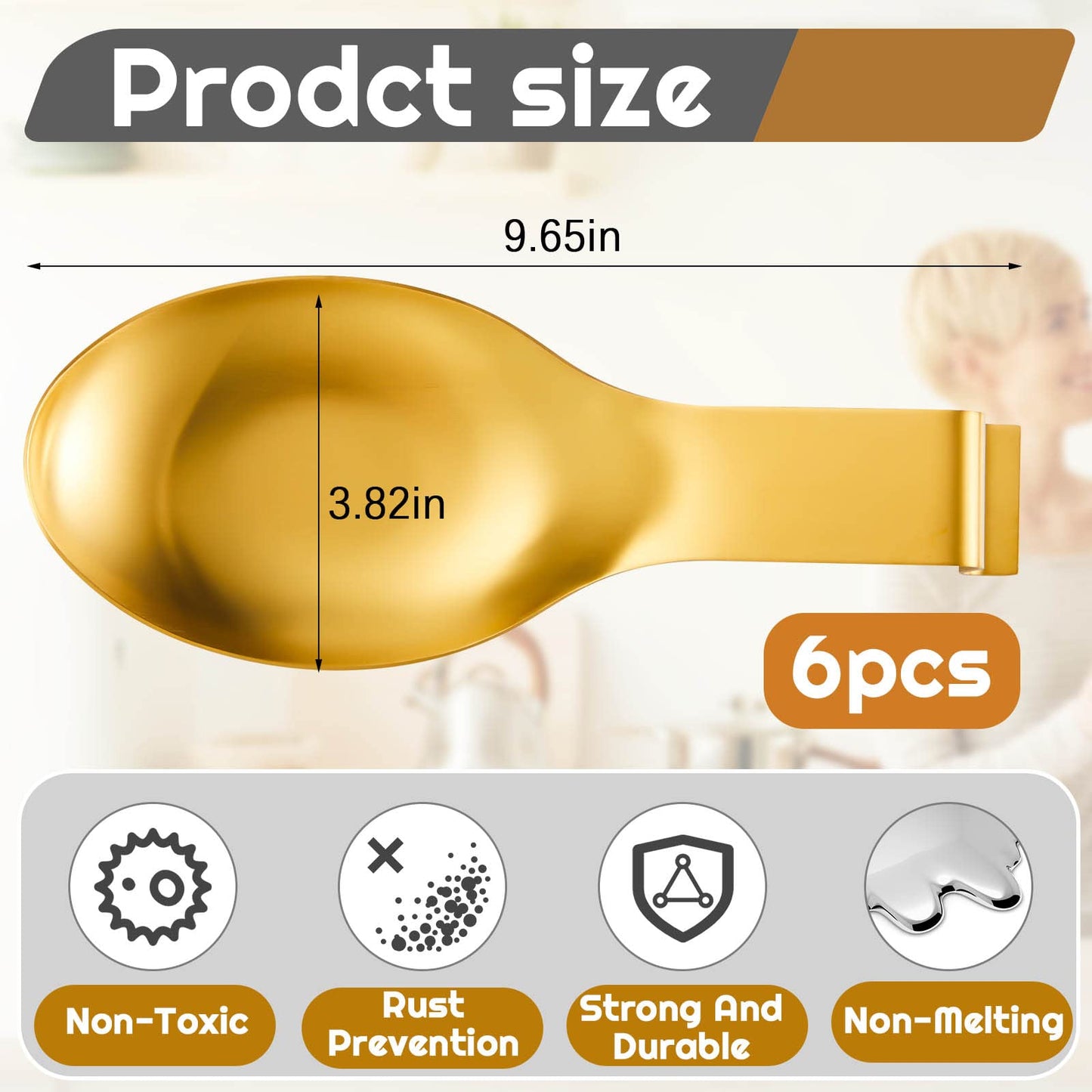 Nuanchu 6 Pcs Stainless Steel Spoon Rest Large Size Spatula Ladle Holder Spoon for Stove Top Heavy Duty Countertop Spatula Holder Dishwasher Safe Utensil Rest for Kitchen, 3.8 x 9.6" (Gold)