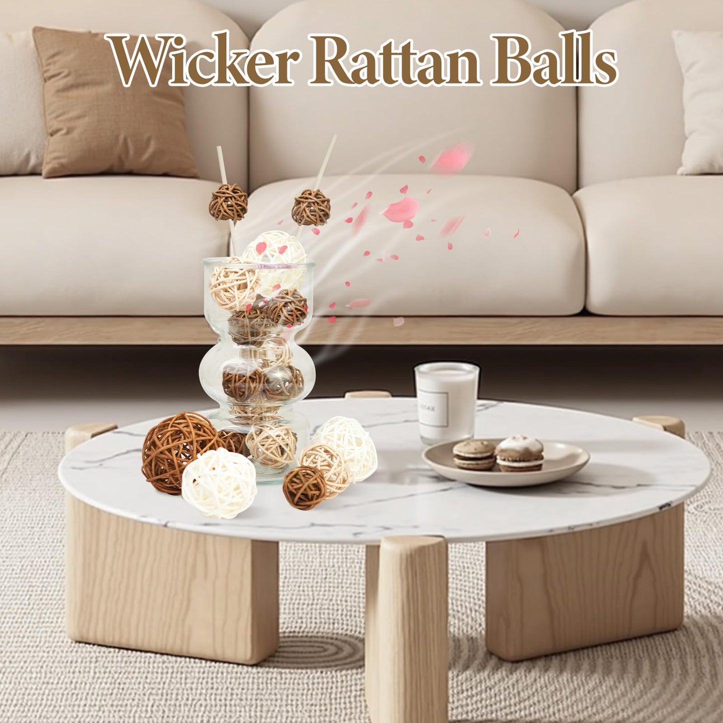 Taopk Ensk 27PCS Woven Rattan Decorative Balls, 2.4" Wicker Orbs for Bowl Centerpieces & Vase Fillers, Neutral Brown & White Decorative Spheres for Coffee Table Tray, Home Wedding Decoration