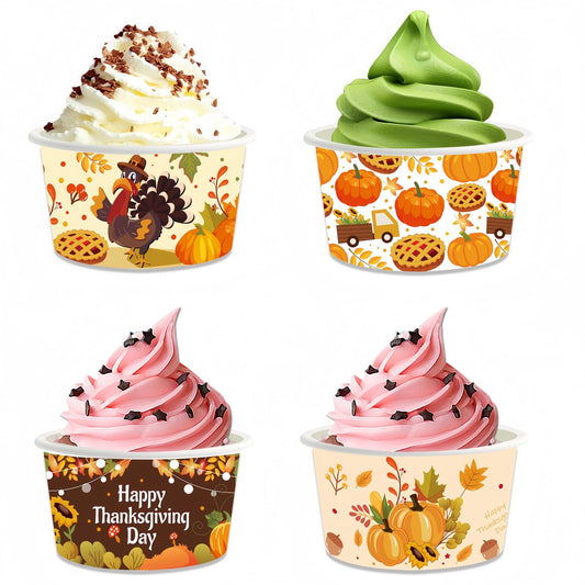 YVAINE 24pcs Thanksgiving Party Treat Snack Cups, Happy Thanksgiving Day Party Disposable Dessert Ice Cream Bowls Turkey Pumpkin Paper Dessert Soup Cup for give Thanks Party Supplies