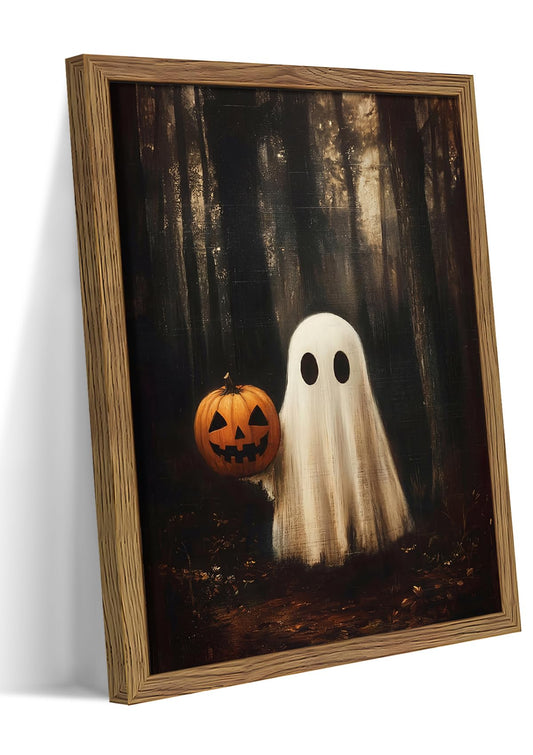 Framed Vintage Halloween Ghost Wall Art – Cute Ghost Pumpkin Pictures Fall Wall Decor for Living Room, Gothic Dark Academia Forest Art Prints for Bedroom Home 8x10 inch Wood Frame