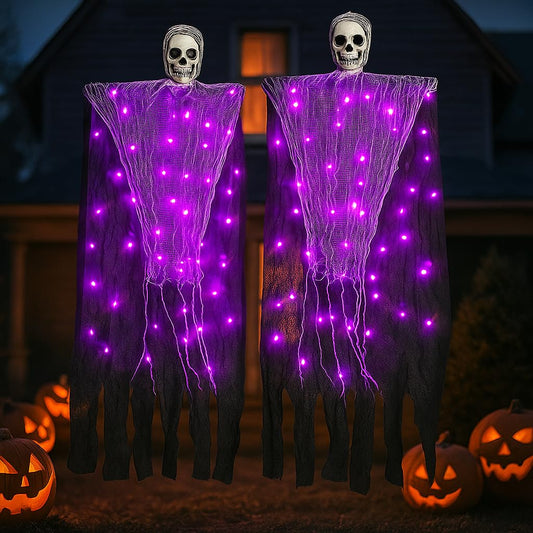 Halloween Decorations Outdoor, 2 Pack Hanging Light Ghost Spooky Skeletons Decor Supplies, Haunted Creepy House Halloween Flying Decoration with Yard Tree Porch Garden Party Indoor Décor