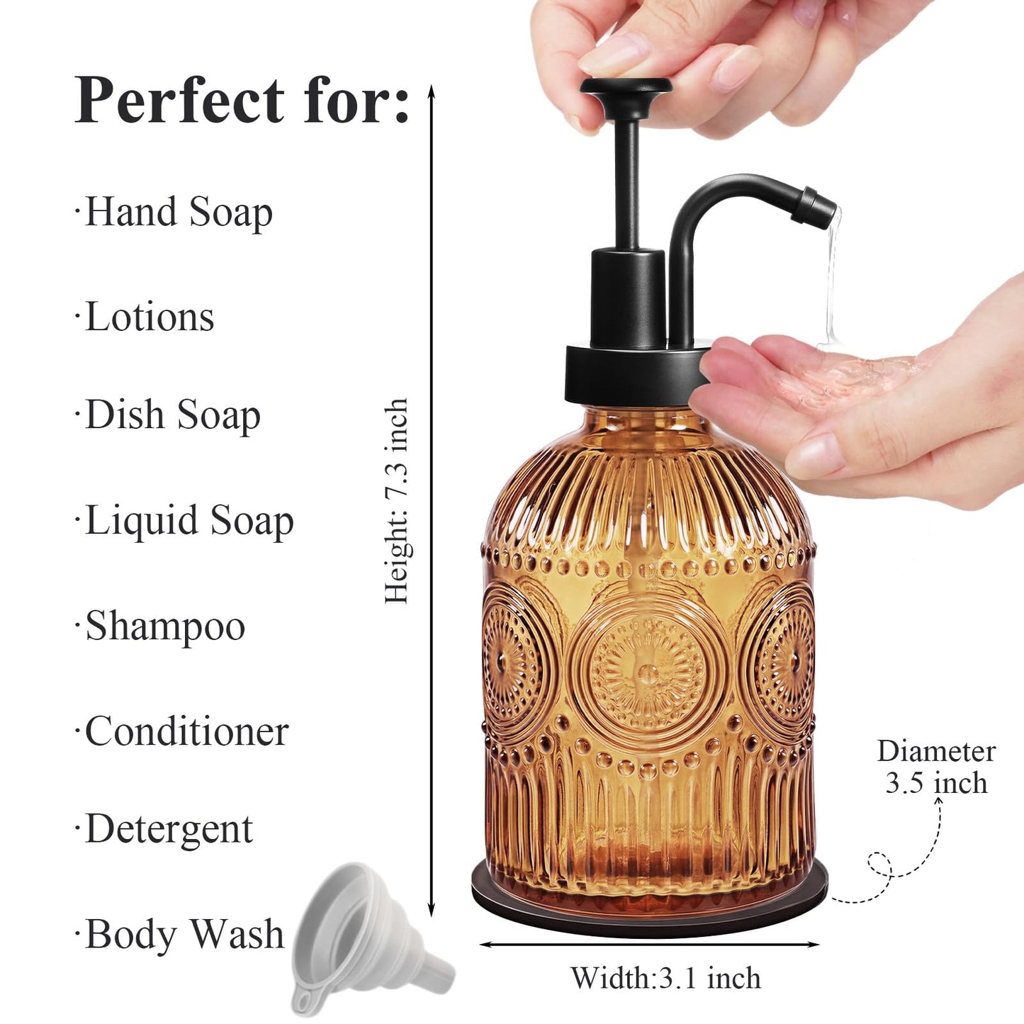 Amolliar 12 Oz Vintage Glass Bathroom Soap Dispensers with Pump, Refillable Kitchen Dish Soap Dispenser with Stripe, Antique Rustic Hand Soap Liquid Bottle (Brown-Black Pump)
