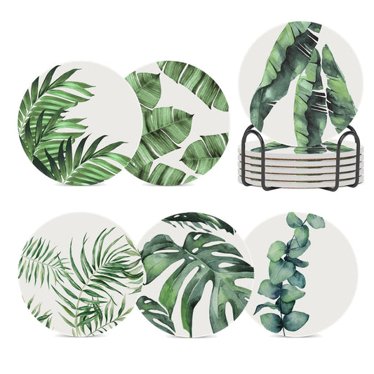 Coasters for Drinks Absorbent with Holder,Floral Pattern with Tropical Leaves Sets of 6 Durable Cup Coaster for Coffee Table Protection,Great Housewarming Birthday Gifts,Home Decor