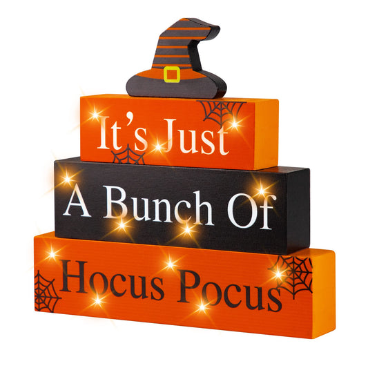Halloween Wooden Block Sign with Led Lights- Halloween Indoor Decorations Witch Light up Wood Sign Decor for Table Mantle- Halloween Festive Haunted House Farmhouse Home Tabletop Tiered Tray Decor