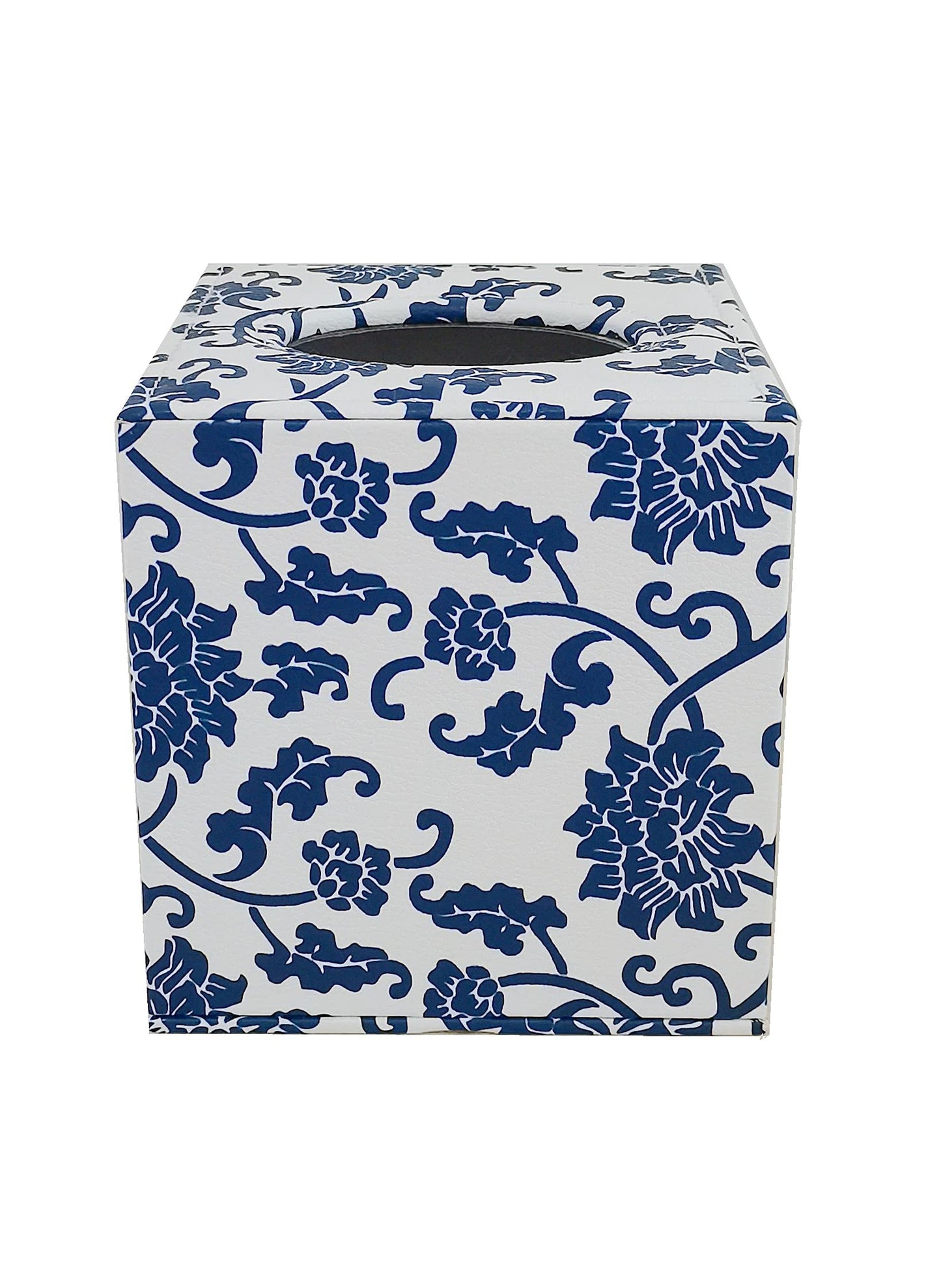 S Forever Home Decor Flower Pattern Faux Leather Tissue Box Cover (Square,Blue and White Porcelain)