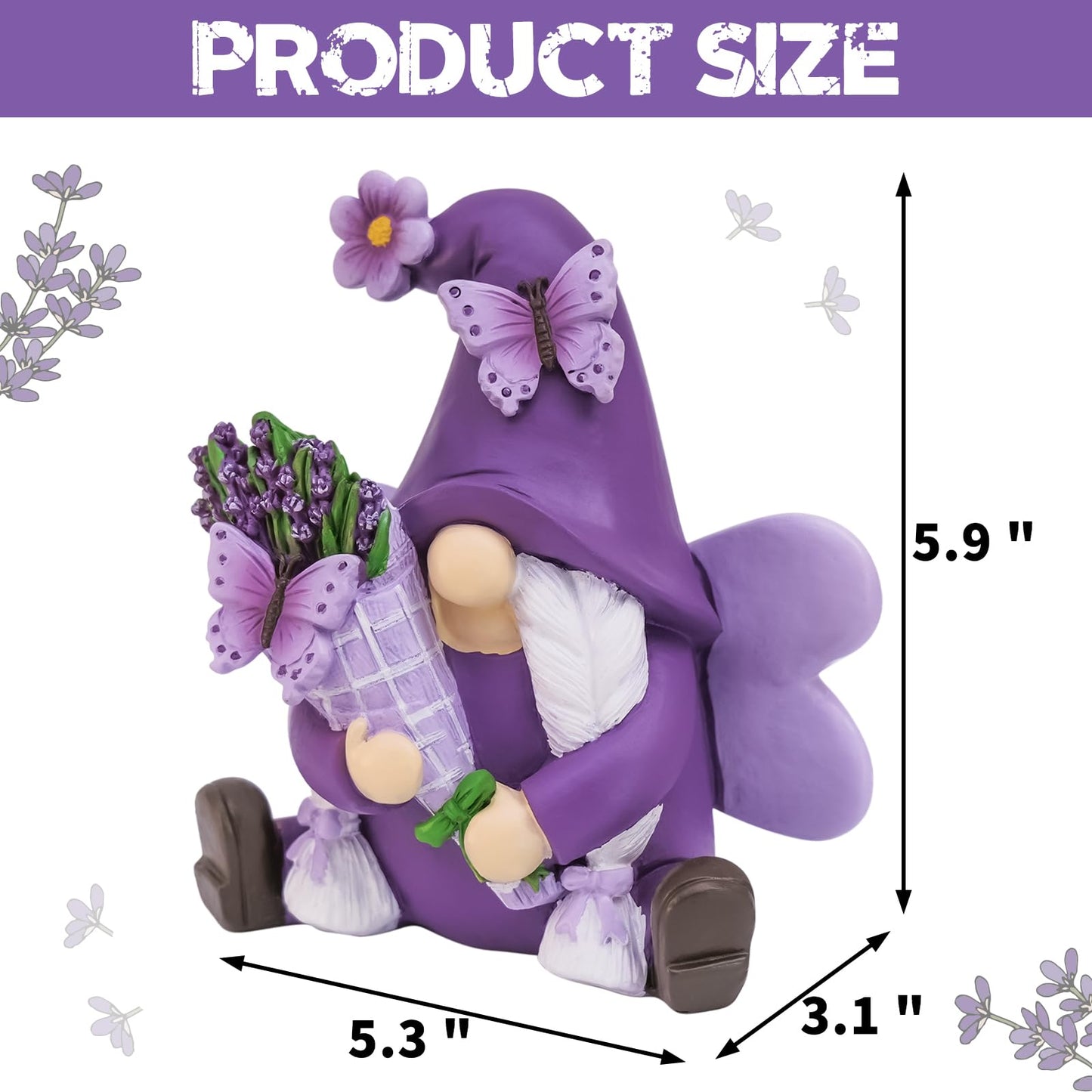 KnomeKo Lavender Gnome Spring Summer Decor, Fairy Garden Gnome with Butterfly & Lavender Bouquet, Purple Gifts for Women Yard Porch Flower Bed Decor