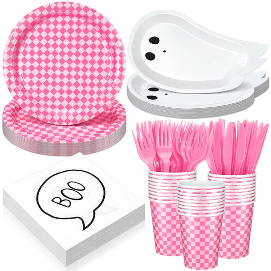 Yungyan 144 Pcs/24 Set Summer Halloween Paper Plates and Napkins Boo Ghost Plates Pink Cups with Forks and Knife Halloween Party Tableware Set for Spooky Birthday Party Decoration Boo Baby Shower