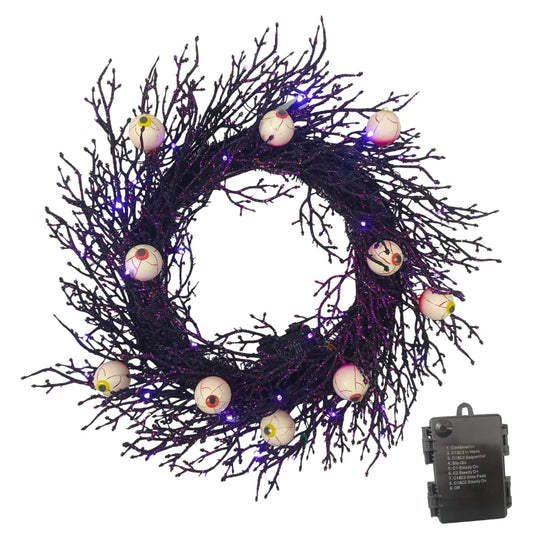 Sunny Bay Atelier Spook-tacular Halloween Wreath - 22" Creepy Eyeball, Black Twig with 35 Purple/Orange LED Lights (Battery Operated with Timer) Spooky Decor for Front Door, Haunted House Decor
