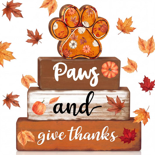 Amyhill 4 Pcs Fall Dog Paw Print Decorations Autumn Pet Lover Gift Wooden Pumpkin Maple Leaf Tiered Tray Set Table Centerpiece Sign Decor Thanksgiving Harvest Sign for Shelf Coffee Bar Home