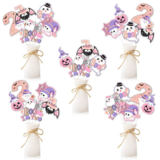 Fangleland 24PCS Halloween 2nd Birthday Centerpiece Sticks, Pink Purple Boo I'm Two Table Toppers Cute Ghost Pumpkin Photo Booth Props, Two Spooky 2 Year Old Party Supplies for Girls