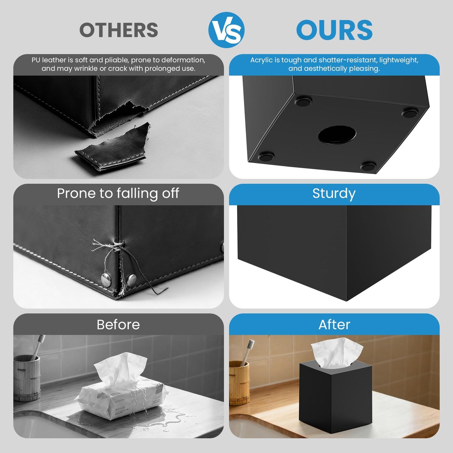 2 Pack Tissue Box Cover Black, Square Acrylic Tissue Holder, Decorative Facial Tissue Box Vessel Cube Paper Organizer Dispenser for Bathroom Office, Night Stand, Desk, Car, Vanity, Countertops