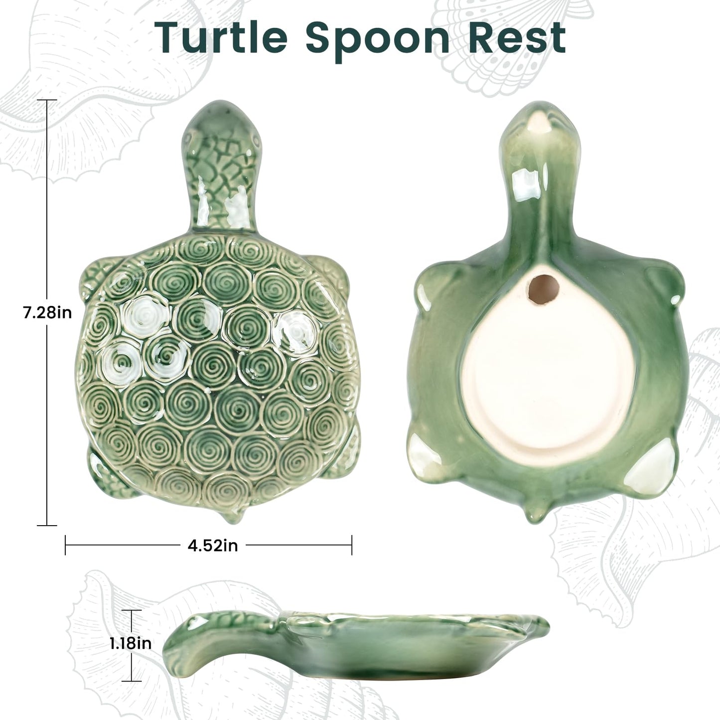Ceramic Spoon Rest for Stove Top, 2 Pack Cute Turtle Spoon Holder for Kitchen Counter, Large Utensil Rest Spatula Holder for Cooking, Teal Kitchen Accessories, Gift for Ocean Lovers