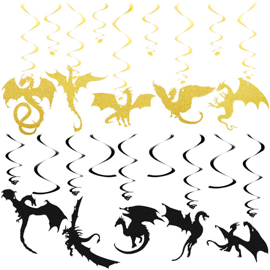 Sumind 30 Pcs Dragon Hanging Swirls Party Decorations, Black and Gold Dragon Ceiling Hanging Decor for Medieval Fantasy Themed Birthday Party Supplies, 10 Designs