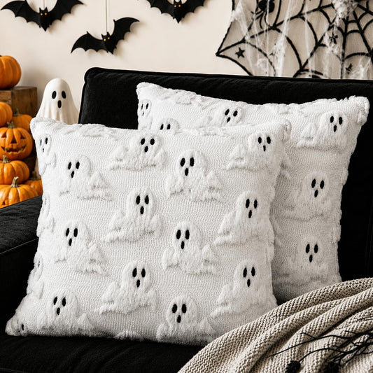 Brylla Halloween Pillow Covers 18 x18 Inch Set of 2 - White Floating Ghost Soft Plush Faux Fur Retro Throw Pillow Cases for Couch Sofa Living Room, Chair Halloween Indoor Decor