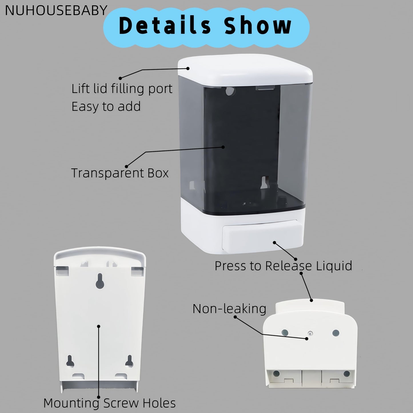 NUHOUSEBABY Manual Soap Dispenser Kitchen Bathroom Wall Mounted Hand Dispensers Commercial for Liquid Containers Shampoo Gel Chamber Plastic - (33.8 oz) 1000ml