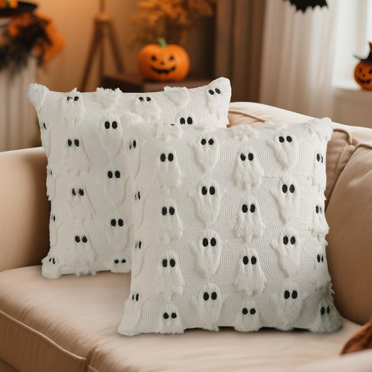 Artmag Halloween Ghost Pillow Covers 22x22 Set of 2, Soft Plush Faux Farmhouse Throw Pillow Cases for Fall Thanksgiving Halloween Holiday Decorations White