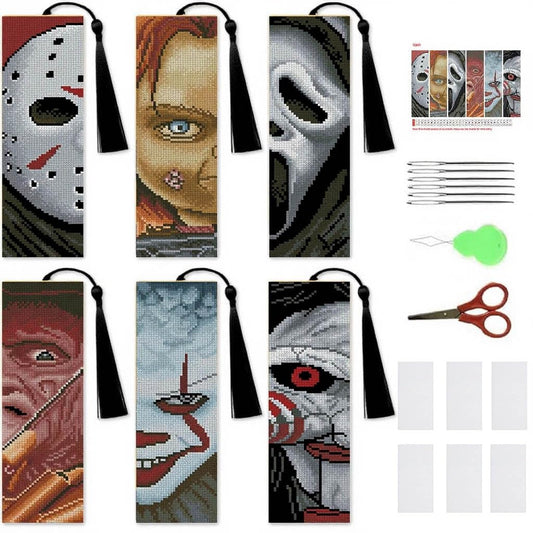 NEGEKFKX 6 Pcs Horror Cross Stitch Bookmark Kit for Adult Beginners,Halloween Cross Stitch Kits 14 CT DIY Cross Stitch Kits Adult Stamped Bookmark Embroidery Bookmarks Kit