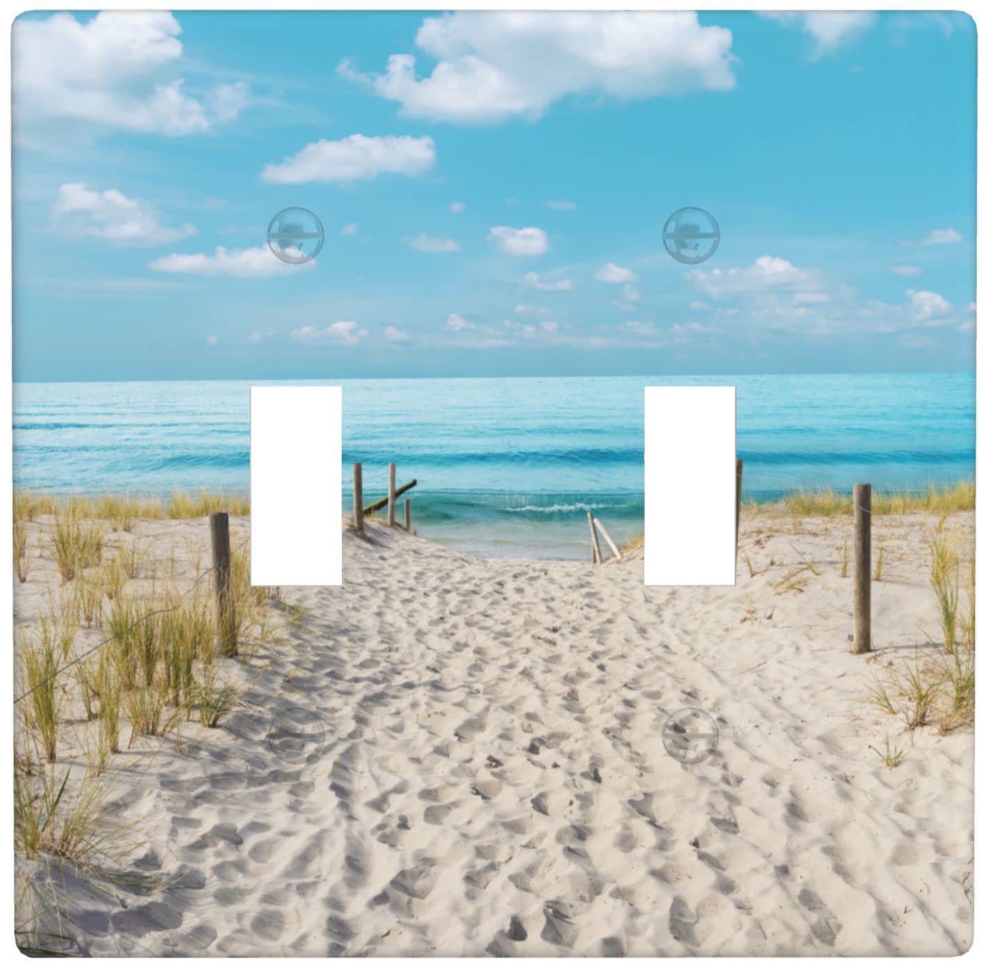 Blue Ocean White Sand Beach Double Toggle Wall Plate Covers 2 Gang Light Switch Cover Decorative Faceplate for Bathroom Bedroom Kitchen Room Decor Wallplate 4.5 x 4.5 in