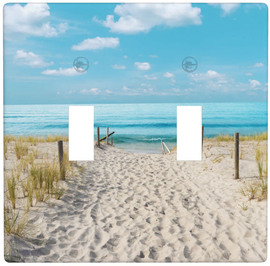 Blue Ocean White Sand Beach Double Toggle Wall Plate Covers 2 Gang Light Switch Cover Decorative Faceplate for Bathroom Bedroom Kitchen Room Decor Wallplate 4.5 x 4.5 in