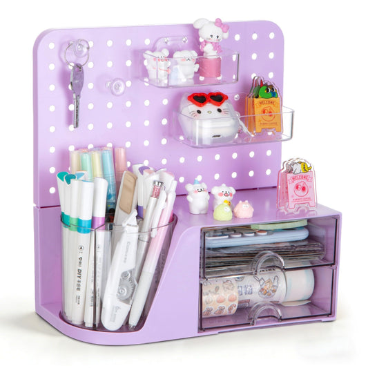 Comix Desk Organizer with Drawer, 360° Rotating Pen Holder for Desk, Pen Organizer with 5 Slots Pencil Holder+Pegboard+2 Drawer for Office Home Art Supplies (Purple)
