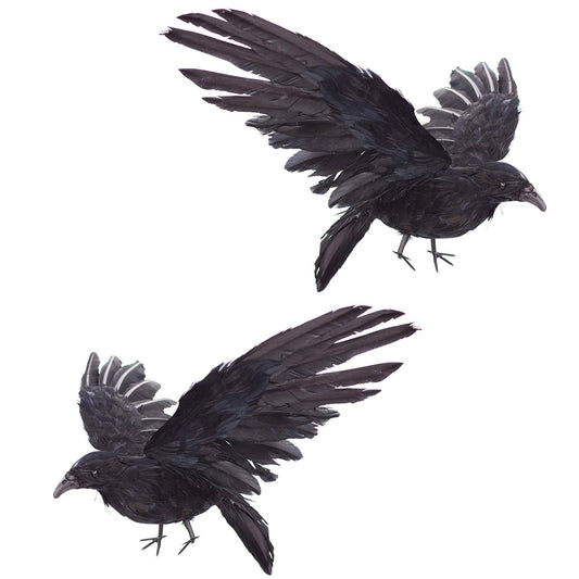 Etistta 2-Pack Realistic Crows Lifesize Extra Large Handmade Black Feathered Crow for Halloween Decorations Birds, XL (15 inch+15 inch)