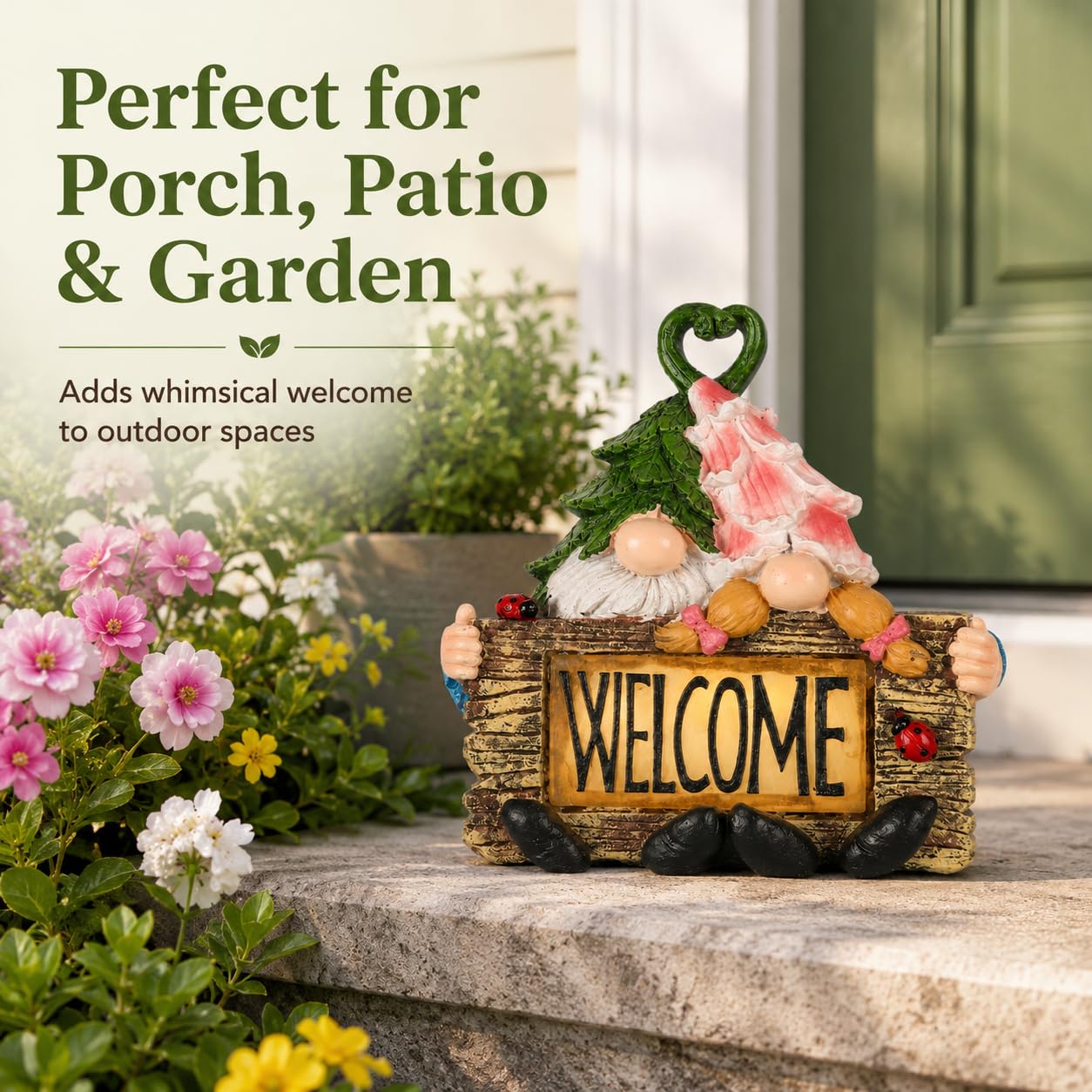 Garden Gnome Statue with LED Lights,7.5 Inch Resin Couple Gnome Figurine with Heart Topper & Welcome Sign,Outdoor Garden Decor for Patio,Lawn,Yard,Ideal Gift for Garden & Gnome Lovers (Green)