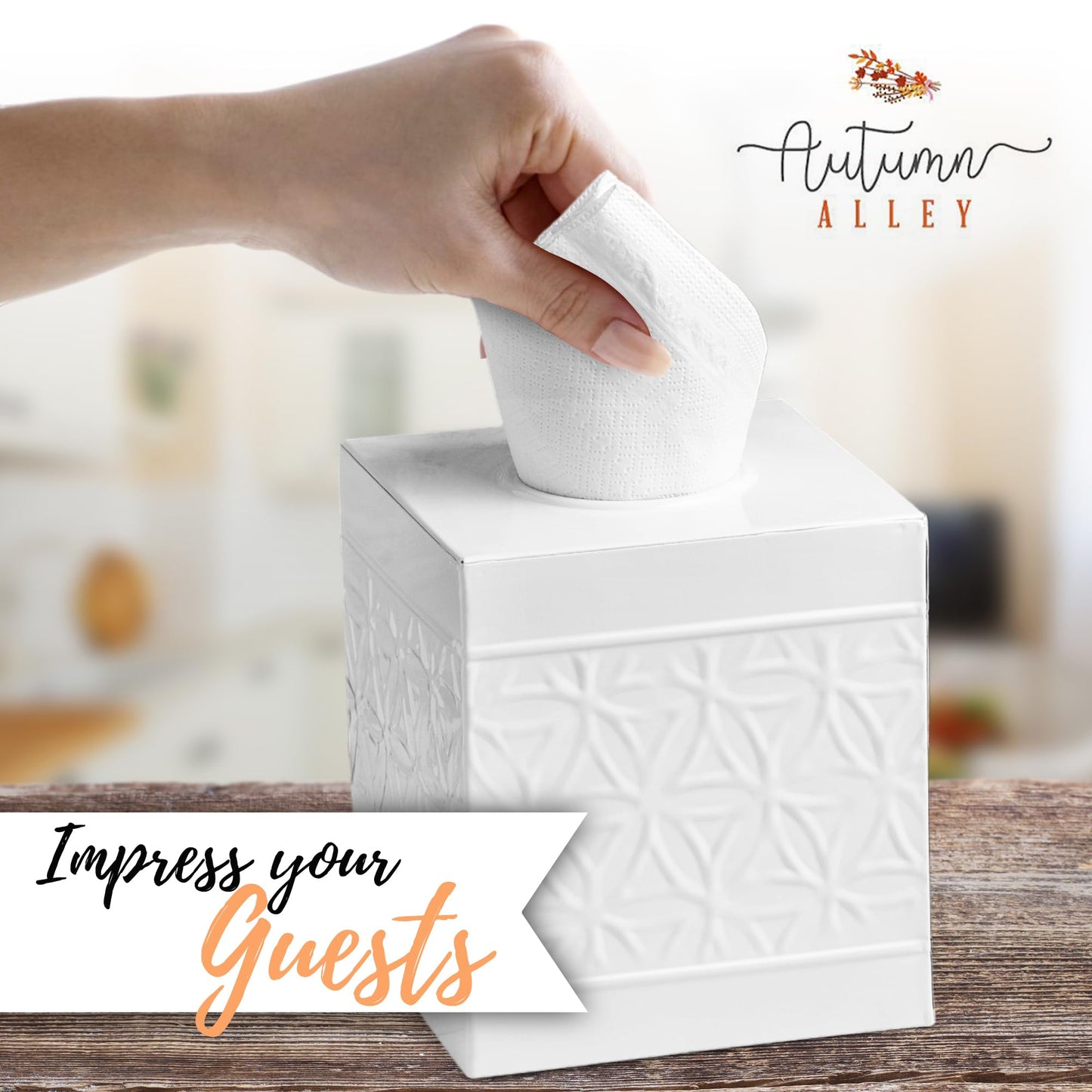 Autumn Alley White Tissue Box Cover Square, Bathroom Accessories, Decorative Tissue Holders for Bathrooms, Bedroom, Kitchen with Embossed Pattern Tissue Holders Decorative, Modern, White