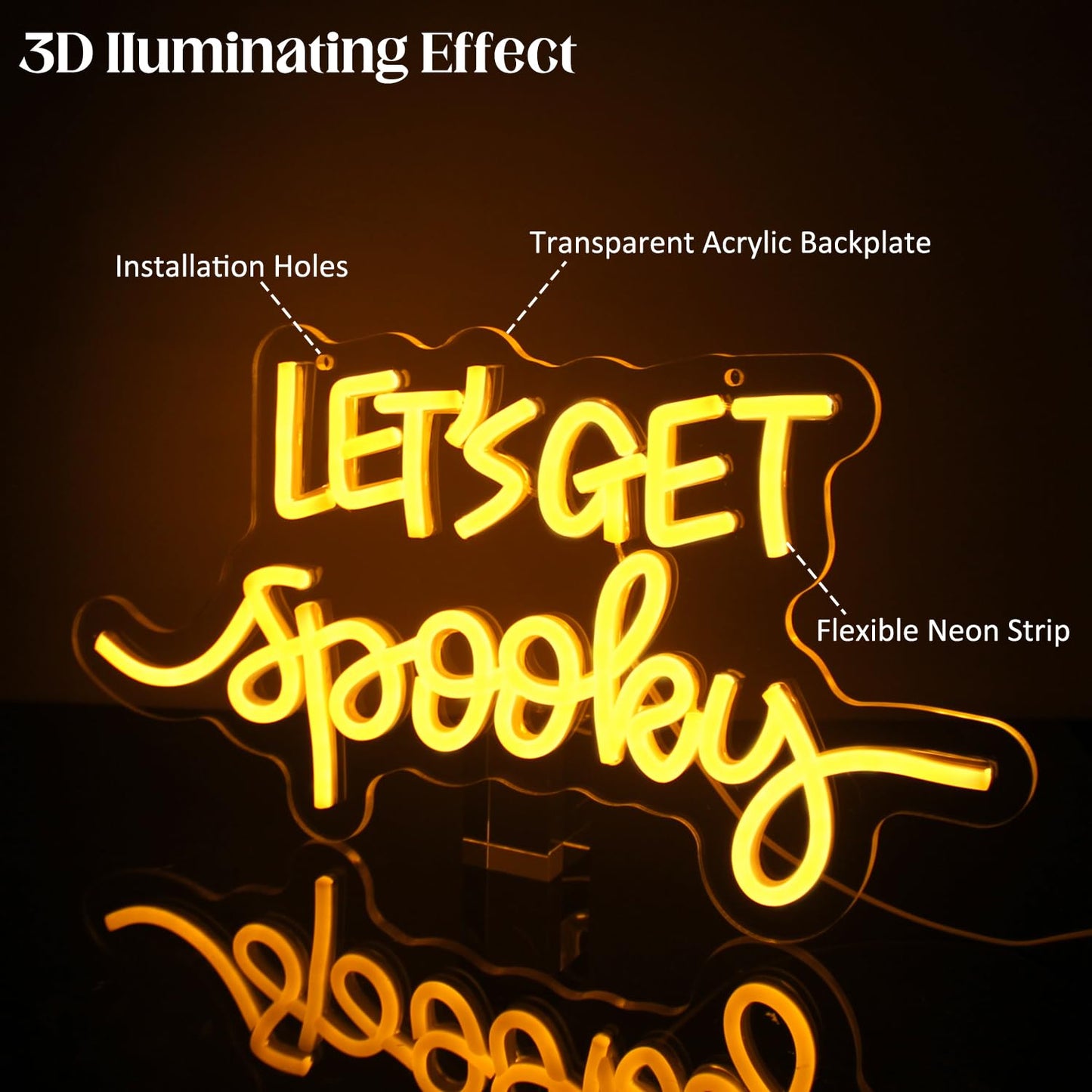 Let's Get Spooky Neon Signs Halloween Neon Sign Yellow Letter LED Neon Light Signs Spooky Neon Wall Sign Quote LED Sign Neon Lights for Wall Bedroom Bar Man Cave Party Halloween Room Decor