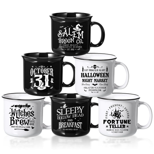 Pickmesh Halloween Coffee Mug Set of 6, 14 Oz Ceramic Witch Brew Cups with Handle Vintage Spooky Drinkware Enamel Mugs for Halloween Home Holiday Decor Gifts