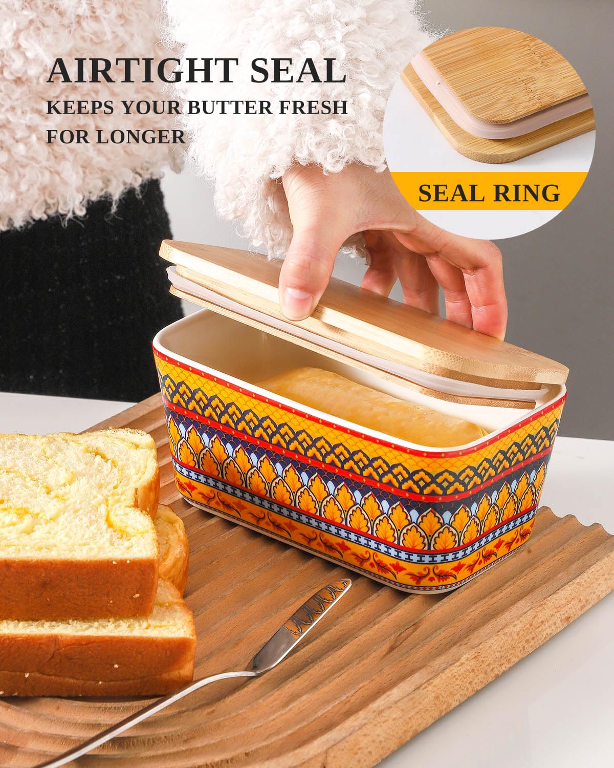 JINGUS Butter Dish with Lid, 6.5"Ceramic Butter Container for Countertop