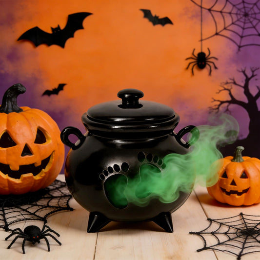 JarThenaAMCS Halloween Gender Reveal Party Decoration Black Witch Cauldron Baby Shower Table Centerpieces He or She Resin Footprint Cauldron with Lid for Birthday Party Supplies