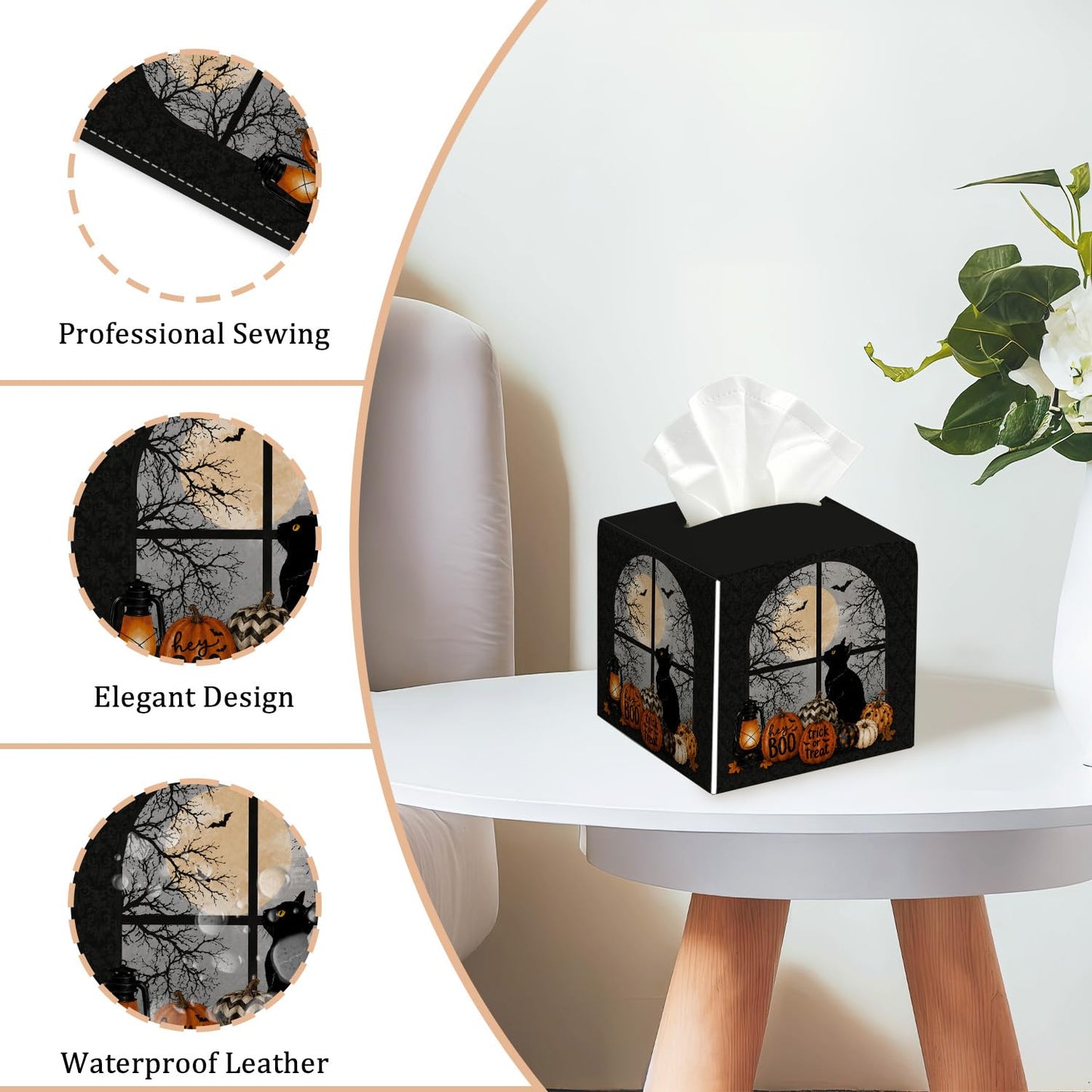 Halloween Black Cat Tissue Box Cover Square, Halloween Desk Decor Cube Tissue Box Holder, Autumn Tabletop Decor Leather Facial Paper Organizer Dispenser for Bathroom Home Night Stand Living Room/27
