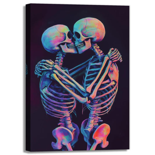Skeleton Wall Art Kissing Skull Art Poster Skeleton Lover Picture Print On Canvas Abstract Horrible Theme Painting Framed Artwork Living Room Decor(Artwork-3,12"x18")