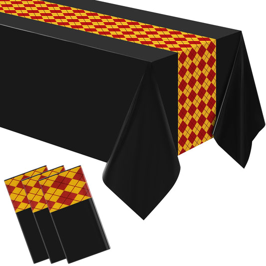 Oudain 3 Pcs 3 Pcs Wizard Tablecloth 54 x 108 Inches Plastic Black Table Cover Red Golden Tablecloth Disposable Magical Party Supplies for Halloween Witch Birthday Party Decoration (Rhombus)
