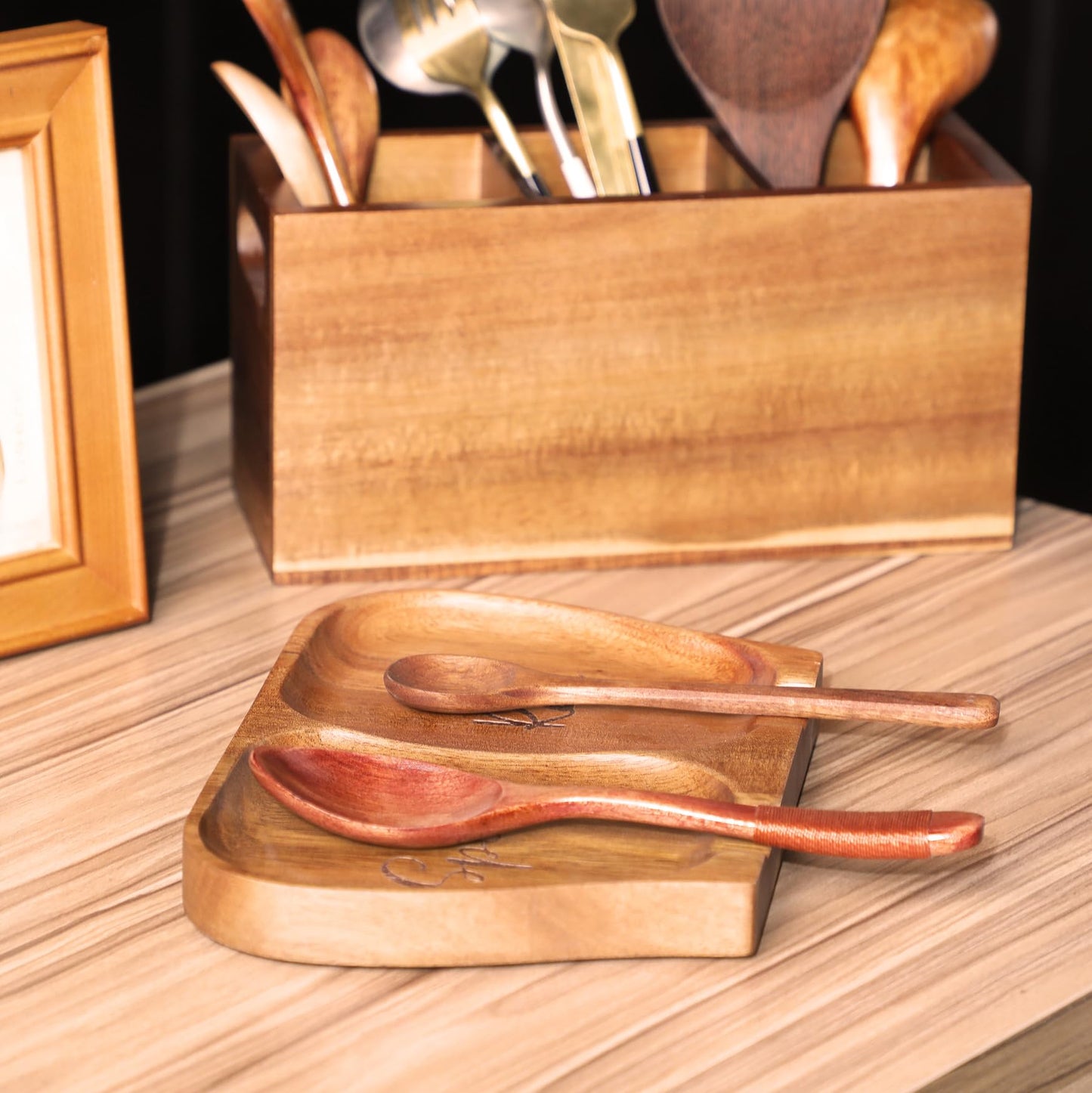 NOOETAH Large Acacia Wood Spoon Rest, Double Wooden Spoon Holder With Non Slip Silicone Feet, Handmade Kitchen Rest for Kitchen Countertop, Brown Labeled "Spoon Rest"