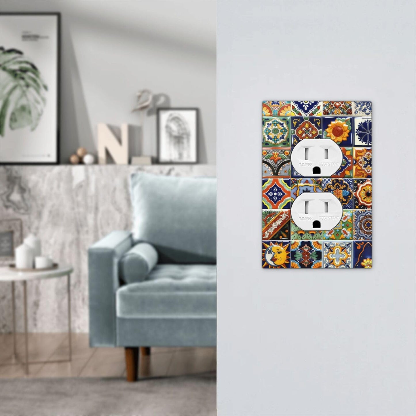 Decorative Light Switch Cover Talavera Tiled Patterns 1 Gang Wall Plate Cover Single Duplex Outlet Covers Switchplate Electrical Faceplate for Bathroom Bedroom Decor(2pack)