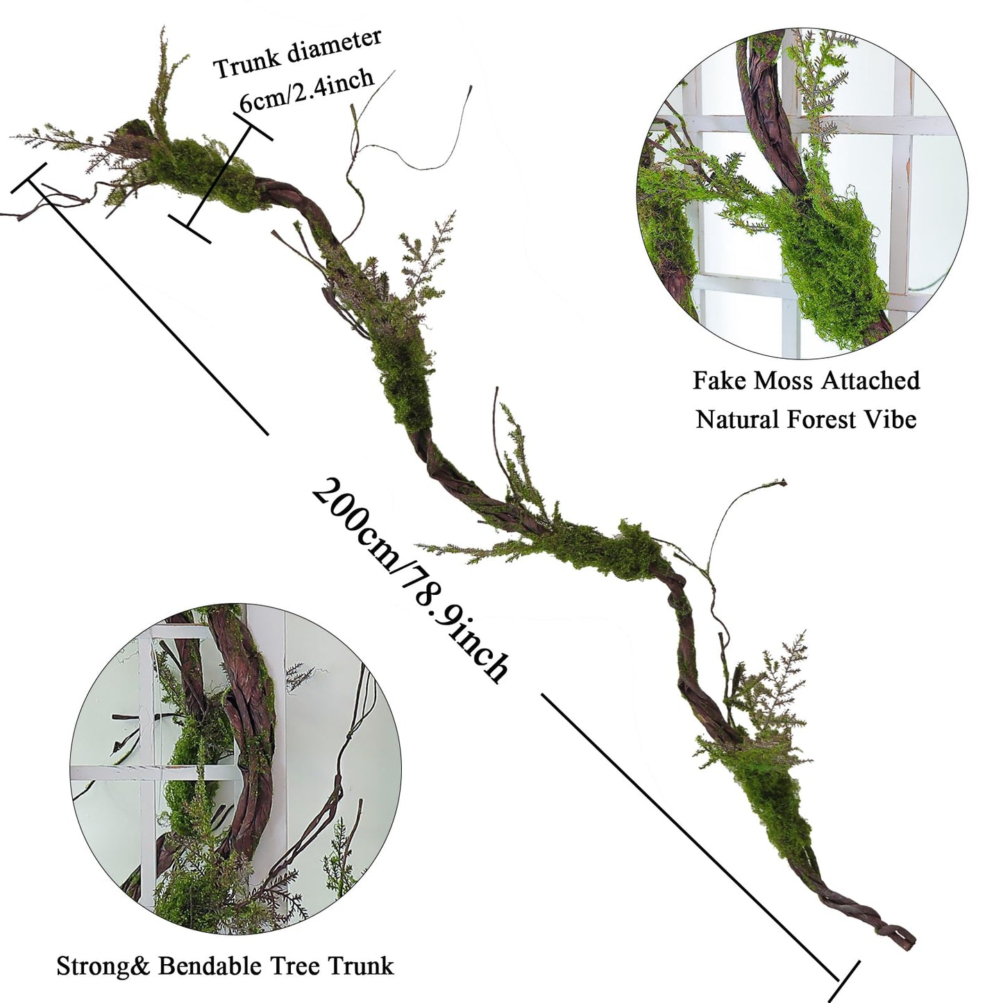 1Pcs 78.9inch Large Bendable Artificial Craft Moss Garland Faux Tall Tree Trunk Branches Grape Vines for Halloween Haunted Mansion Wedding Arch Room Outdoor Mantel Wall Hanging Forest Greenery Decor