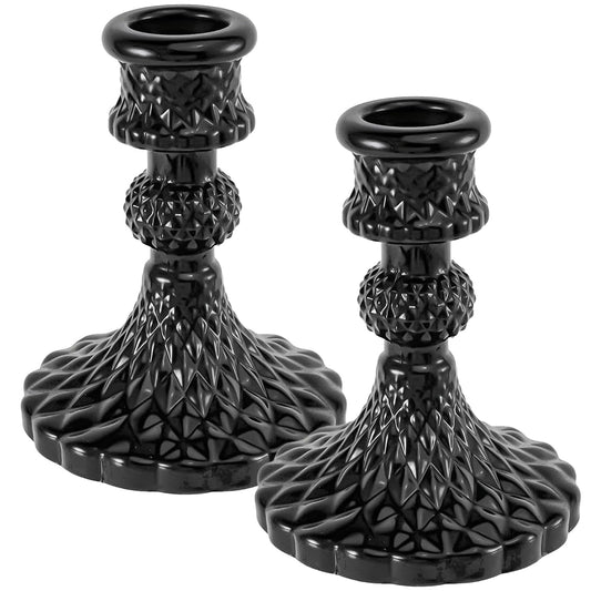 Glass Candlestick Holders Set of 2，Taper Candle Holders Fit 0.8 Inch Candles, Crystal Decorative Candle Stand Centerpiece for Table Wedding Dinning Party 4 Inch Tall (Black)