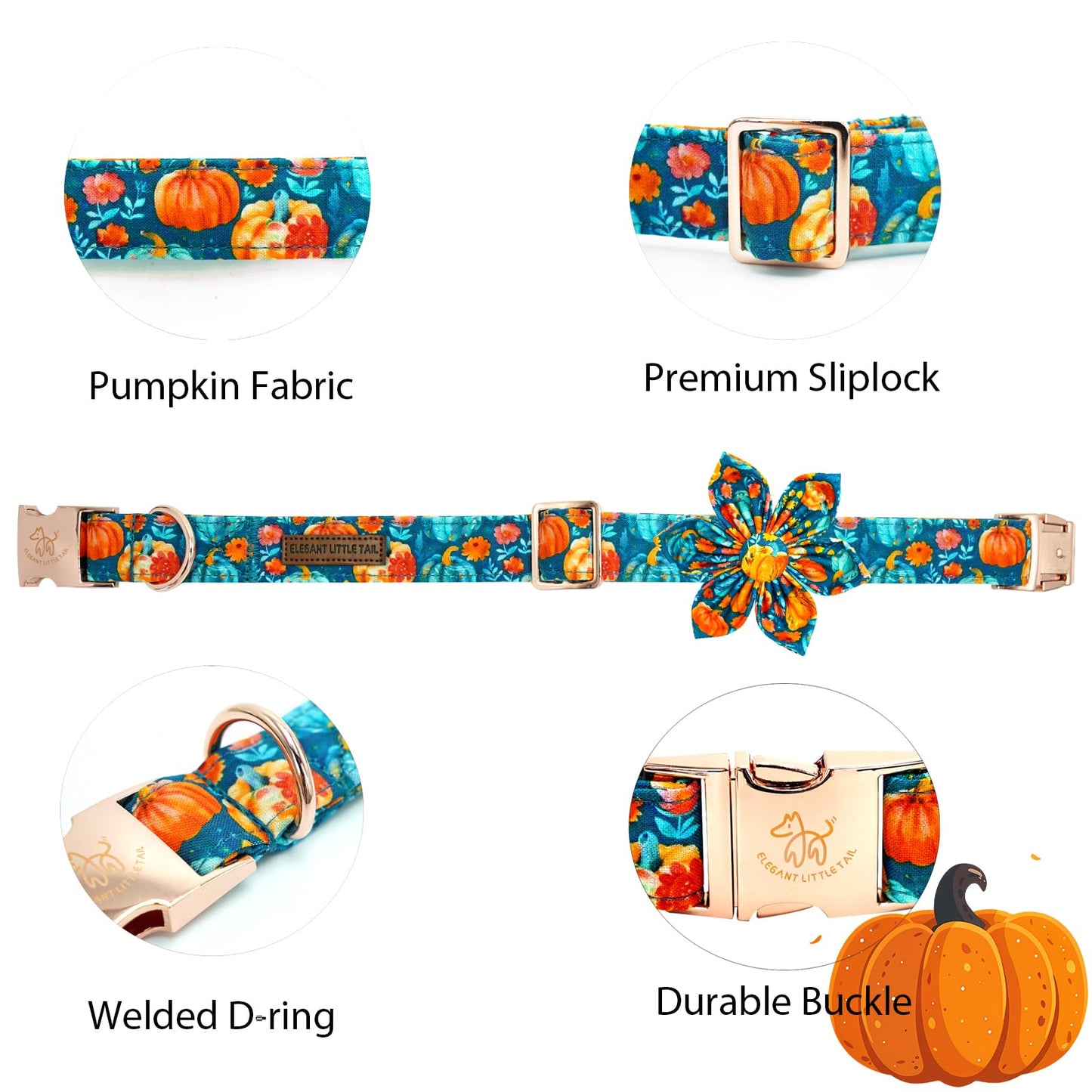 Elegant little tail Fall Dog Collar, Halloween Pet Collars with Flower Cute Pumpkin Print Puppy Collar Female or Male Cotton Adjustable Collars for Small Medium Large Dogs