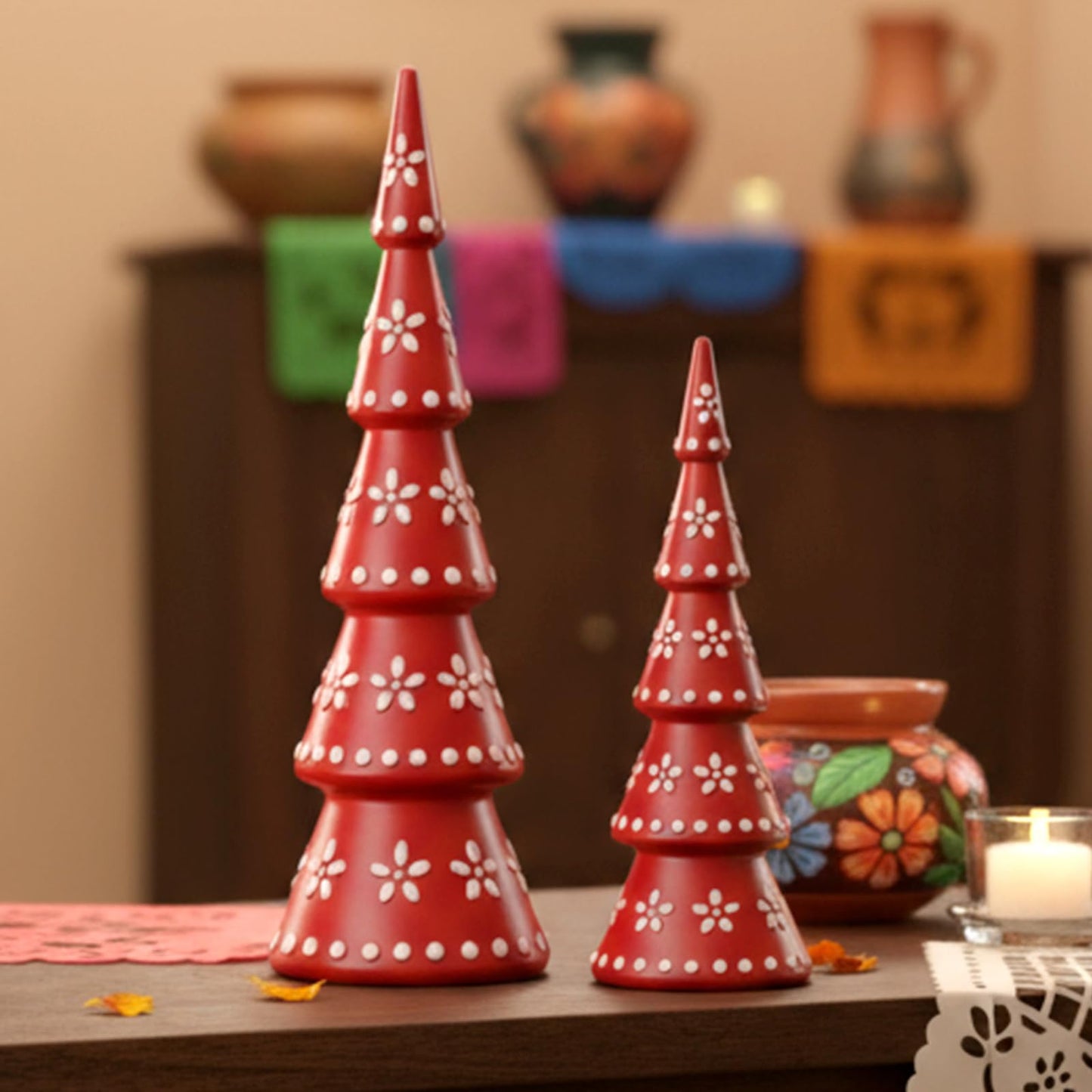 Geelin 2 Pcs De Barro Mexican Christmas Decorations Talavera Christmas Tree Figurines Boho Resin Decoration Terracotta Table Centerpiece for Accents Xmas Mantel Shelf Fireplace Gift